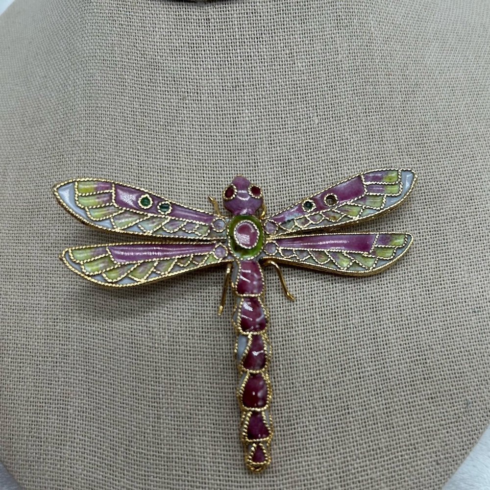 VTG Cloisonne Enamel Dragonfly Pendant Insect Jewelry Pink Green Gold tone 3”
